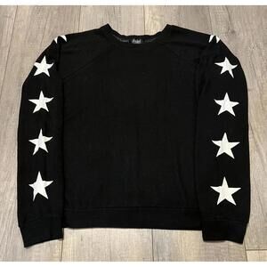 Aqua, Black Women's Sweater with Star Print Sleeves, Size Small